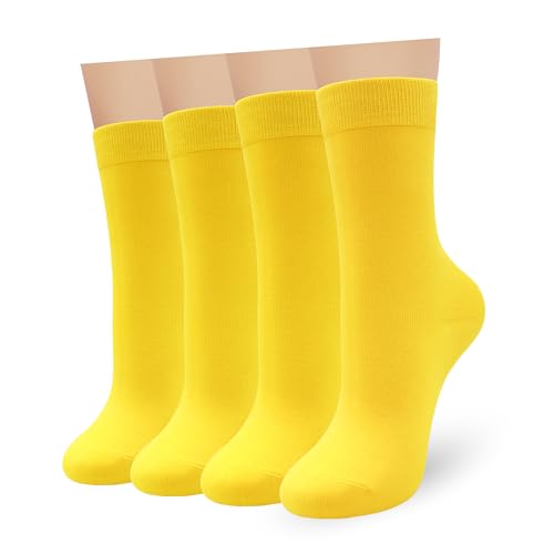 Sakusock Womens Combed Cotton Color Thin socks - Breathable Soft Crew Casual Socks Comfort Gift 4 Pairs (4-7 Yellow)