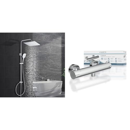 Görbach Edelstahl Duschsystem Duschset ohne Armatur Regendusche Überkopfbrauseset & SCHÜTTE 52465 LONDON Thermostat Duscharmatur, Brausethermostat Brausearmatur