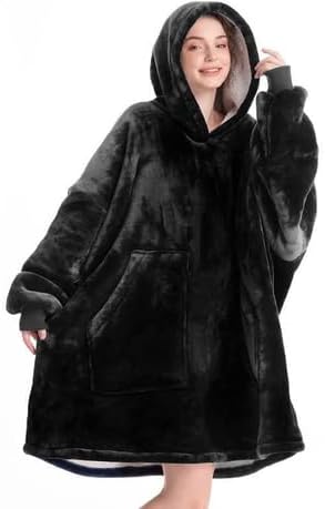 Winter Oversized Fleece Hooded Blanket (BLACK)