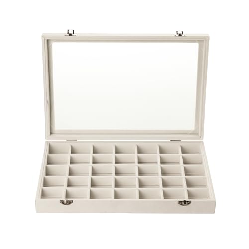 Frebeauty Velvet Jewelry Tray,35 Grid Jewelry Organizer with Clear Lid,Earring Holder Organizer Case with Clasp,Drawer Insert for Rings Studs,13.8 x 9.5 x 2 Inches,Gift for Women Girls(Beige)