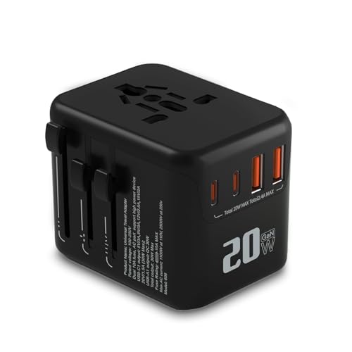 Adaptador Universal de Tomada com 20W PD Carregamento Rápido, 2 USB-C + 2 USB-A, Proteção para Crian