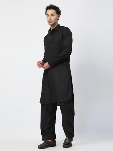 Image of Men's Traditional Pathani Kurta Salwar Set, Red, Long Sleeve, Collared Neck, Cotton Blend, Ethnic Wear