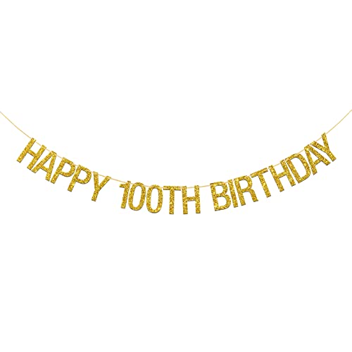 Happy 100th Birthday Banner - Gold Glitter 100th Sign Letters Hang Bunting - 100th Birthday Party Decorations Supplies