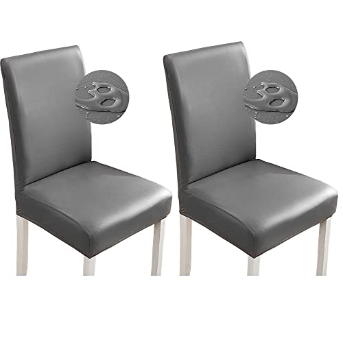 Bestenrose Lot de 2 housses de chaise en cuir synthétique imperméable et extensible pour salle à manger, salle à manger, chaise universelle, pour la maison, le bureau, le restaurant (2 pièces, gris) Cover