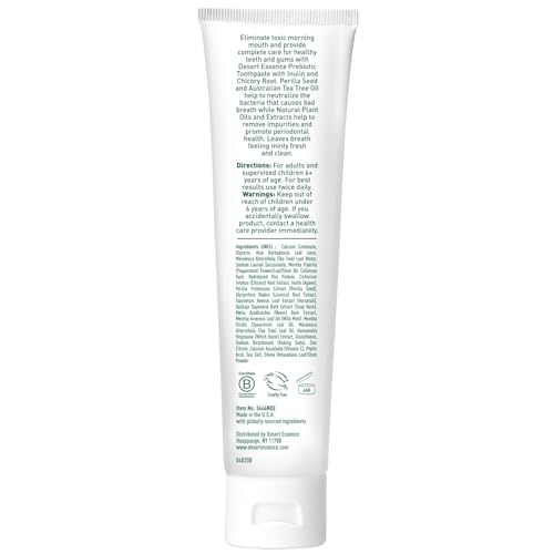 Desert Essence Prebiotic Plant-Based Whitening Toothpaste - Mint - Oral Care with Inulin, Perilla Seed & Aloe - Vegan, Fluoride Free, Non-GMO, Gluten-Free, Cruelty-Free - 6.25 oz