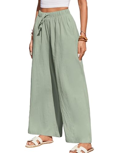 HAPYWER Leinenhose Damen Weites Bein Sommerhose Leichte Freizeithose Lang Stoffhose High Waist mit Gummizug Palazzo Strandhose mit Taschen(LichtGrün,S)