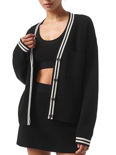 Women's Cardigan Sweaters Oversized Color Blocked V Neck Button Down Open Front Knit Long Sleeve Lightweight Jackets