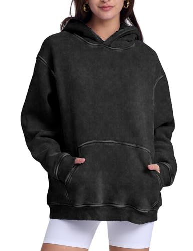 Image of FAIABLE Womens Oversized Acid Wash Hoodie Unisex Heavyweight Cotton Hoodies Fleece Vintage Washed Sweatshirt Women Men