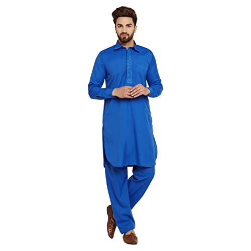 Image of SOJANYA (Since 1958, Men's Royal Blue Cotton Blend Pathani Kurta & Salwar Set, Size: L(SJR-160-40)