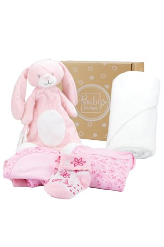 Baby Box Shop - 6 artículos esenciales para bebé recién nacido, regalo ideal para baby shower y bautizo para niñas, incluye edredón para bebé, toalla rosa con capucha, muselina, mono, babero y calceti