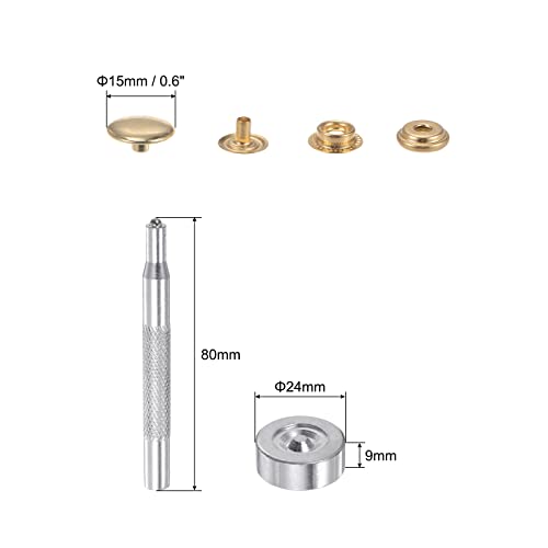 Uxcell 12 Sets Leather Snap Fasteners Kit 3/5 Inch 15Mm Metal Copper Press Studs Buttons Tool With 2 Setter Tools & Storage Box For Clothing Leather Sewing, Golden #TOP1