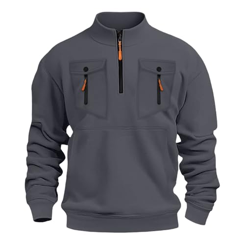 Generisch Jersey para hombre sin capucha, suéter de trabajo, forro polar de invierno, cuello alto, sudadera con múltiples bolsillos, suéter de manga larga, monocolor, sudaderas modernas para trabajo