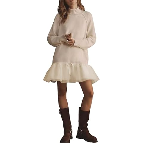 Yeokou Women Turtleneck Tulle Mini Dress Ribbed Knit Sweater Long Sleeve Elastic Hem Skirt Loose Pullover(Apricot-XS) Cover