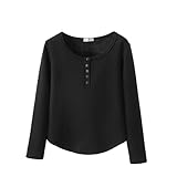 Oplxuo Women's Fleece Lined Pajama Tops Thermal Long Sleeve Henley T Shirt Warm Winter Button Up Crewneck Loungewear Tops Black