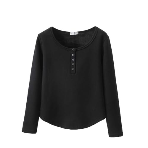 Oplxuo Women's Fleece Lined Pajama Tops Thermal Long Sleeve Henley T Shirt Warm Winter Button Up Crewneck Loungewear Tops Black