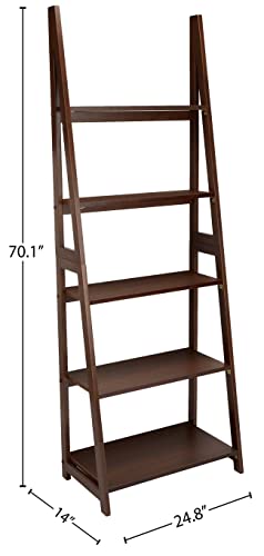 Image of Amazon Basics 5-Tier Ladder Bookshelf Storage Organizer, Solid Rubberwood Frame, Space-Saving Bookcase, Sturdy Shelves, Walnut Finish, 14 inch D x 24.8 inch W x 70.1 inch H