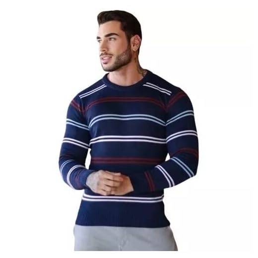 Blusa Suéter Masculino Gola Redonda Tricot R042 (Marinho/Vermelho/Branco/Azul claro, GG)