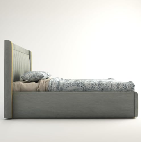 Image of Premium King Size Upholstered Bed with Storage | Solid Wood Platform Bed with Premium Cushion Headboard for Modern Bedrooms | Durable Frame, Easy Maintenance & Stylish Design | Grey