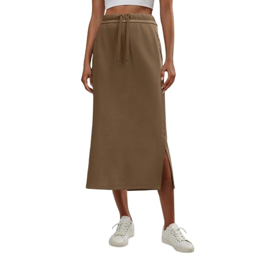 Straight Leg Skirt Casual Maxi Dress for Womens High Waist Trendy Drawstring Side Slit Skirts with Pockets