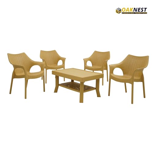 Image of Oaknest Supreme Cambridge with Vegas Plastic Outdoor Chair and Table Set | 4 Rattan Chairs + 1 Table | Weatherproof, Lightweight | Garden & Patio Use Cane