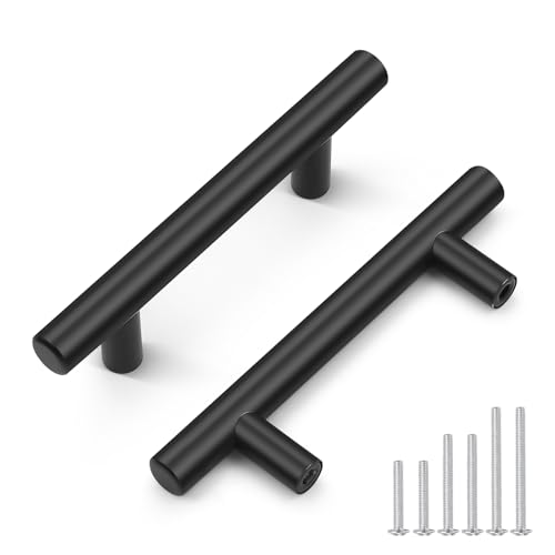 Probrico 30 Pack Hole Centers 3inch Stainless Steel Kitchen Cabinet Handles,Flat Black Dresser Drawer Pulls, 5inch Length Euro T Bar Pull Handle for Home Furnitures