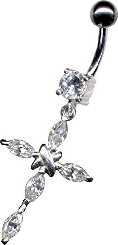 Generisch Piercing para el ombligo, plata de ley 925, circonitas, cristal Jesus Cruz blanco, titanio G23, 1,6 mm