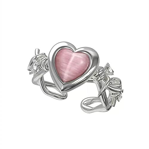 Dtja Pink Heart Twisted Band Ring for Women Silver Plated Cat Eye Love Promise Statement Open Wrap Finger Ring Comfort Fit Fashion Wedding Birthday Mother's Day Jewelry Gift