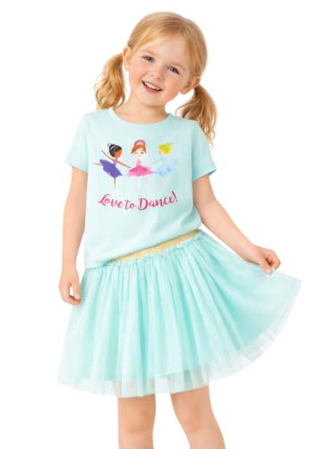 Image of HILEELANG Girls Skirt Set 2 Piece Outfit Cotton Tee Tulle Skirt Set | Soft Cotton Tee, Applique Detail, Layered Tulle Skirt with Lining, Lightweight Comfort for Toddler Little Girls