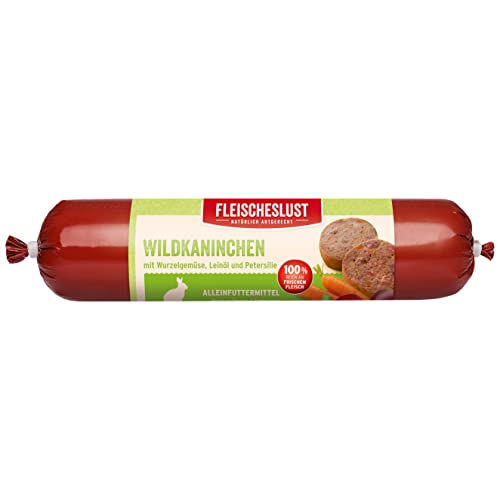 Fleischeslust Wildkaninchen Hundefutter - Hundewurst mit Wurzelgemüse und Leinöl - Nassfutter mit 100 % natürlichen Inhaltsstoffen - 1 x 400 g Cover