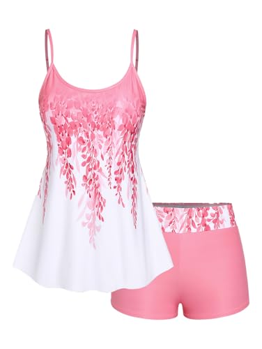 Rosegal Women Plus Size Two Piece Modest Tankini Swimsuit Floral Ombre Boyleg Padded Tankini