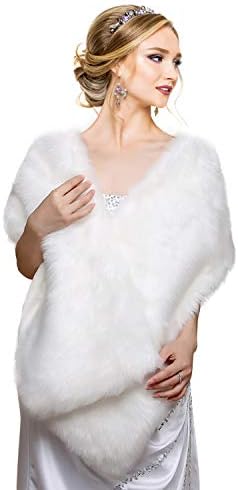 EQLEF Faux Fur Wrap Shawl Shrug, White, Universal