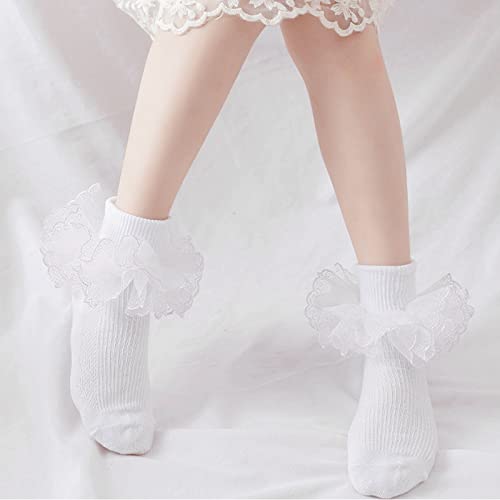Looching Toddler Girls Big Ruffle Lace Socks Cotton Cute Frilly Princess Dress Sock Kid 1-10Years White/Multicolor 3/4pairs4