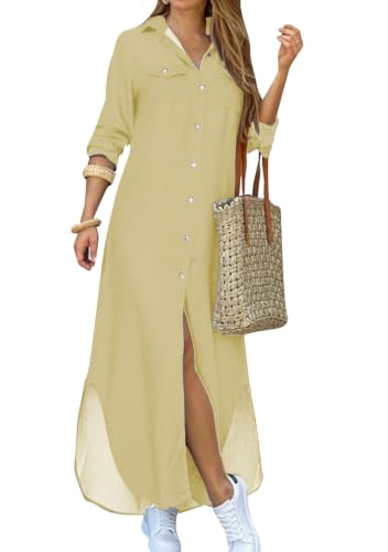 Image of YMING Women's Long Sleeve Button Down Shirt Dress Spring Casual Maxi Dresses Loose Fit Blouse Dress with Pockets