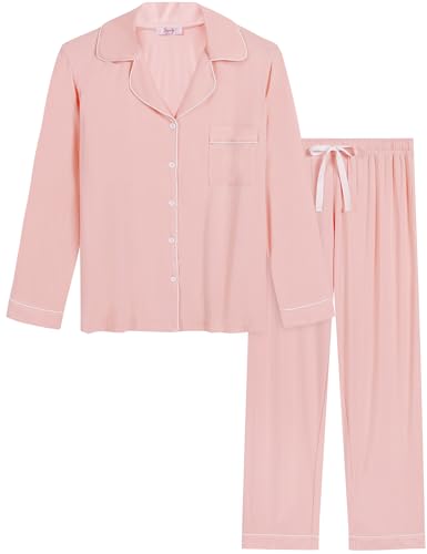 Image of Cherrydew Women's Bamboo Viscose Cooling Long Sleeve Button Up Pajama Set | Buttery-Soft Feel,Naturally Cool Comfort,Breathable Fabric,Lightweight & Flowy Feel