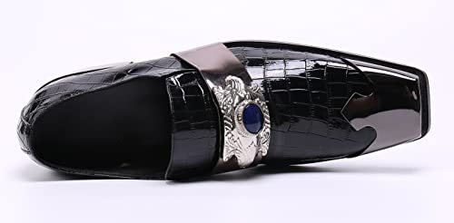 Santimon Mens Dress Loafers Metal-Strapped Genuine Leather Sapphire Decor Hard Square Tip Business Evening Party Wedding Shoes4