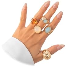 MYANAIL 5Pcs Chunky Iirregular Gold Ring Set for Women Vintage Gemstone Stackable Open Ring Boho Knuckle Thick Ring Sets Jewelry Gift Adjustable Statement Thumb Rings