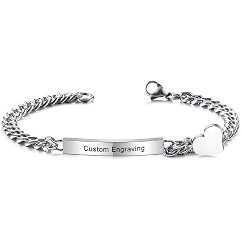 MeMeDIY Personalized Bar Bracelet Custom Engraving Name Date ID for Women Girl Lover Wife Stainless Steel Heart Charm Anklet Link Best Friend Bridesmaid Gift Wedding Valentine's Day(Silver Color) Cover