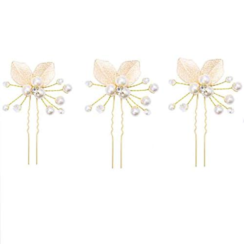 Didder 3 Pieces Pearls Hair Pins Rhinestone Hair Pins Leaves Design Pure Hair Pins for Wedding Women