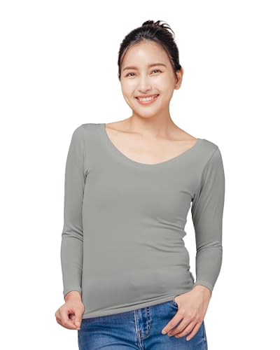 [Nätti] レディース 薄暖インナー 小Uネック 長袖 軽量 ストレッチ やわらか肌ざわり 15％厚みアップ 薄手フィット, アーモンドグリーン, M（Amazon）
