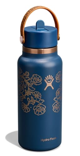 Image of Hydro Flask Water Bottle - Insulated Stainless Steel - Wide Mouth Flex Straw Lid, Non Spill, Leakproof and Refillable in 32 Oz Western Dark Blue