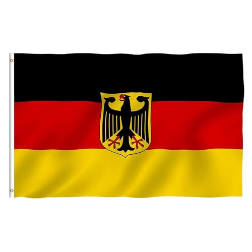 Deutschland Flagge mit Adler 90x150 cm Polyester Fahne mit 2 Metallösen Wetterfest & Doppelt Genäht für Feiern Sport Balkon(A)