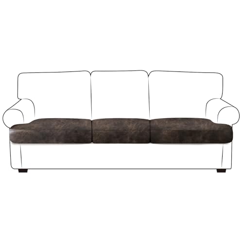 Leather Look Couch Cushion Covers Sofa Seat Slipcovers Sets Couches Furniture Protector for Sectional Armchair Loveseat Pets Kids Stretch Spandex Fabric (3 T-Cushion Sofa, Brown)