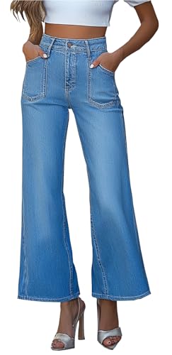 Women's Wide Leg Straight Jeans High Waisted Stretch Loose Denim Pants