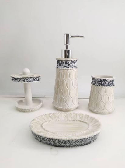 CBEX Modern Bathroom Accessories Set Floral, 4-Piece Resin Teal Bathroom Completes Set, Toothbrush Holder, Soap Dispenser, Tumbler, Soap Dish, Bathroom Vanity Organizer Decor Sets (PM-02)