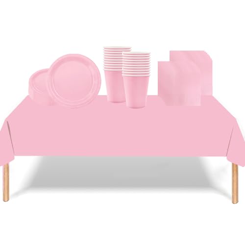 53PCS Baby Pink Tableware Decorations for Kids Birthday Disposable Party Tableware Set Tablecloth Table Covers 7inch Paper Plates Paper Napkins Cups for Xmas Birthday Wedding Party Favor