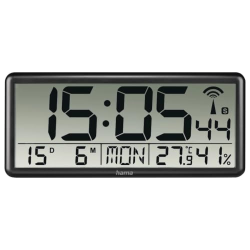 Hama Digitale Wanduhr XXL mit Funk (Digitaluhr mit Thermometer und Hygrometer, große Funkuhr mit Datum und Wochentag, gut ablesbar Wand Uhr zum Hängen und Stellen, inkl. Batterie) schwarz