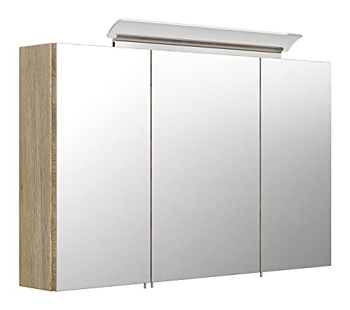 Badmöbel Badezimmer Spiegelschrank CALLEGOS 100cm 3-türig | mit Acrylglas LED-Leiste | Sonoma-Eiche … Cover