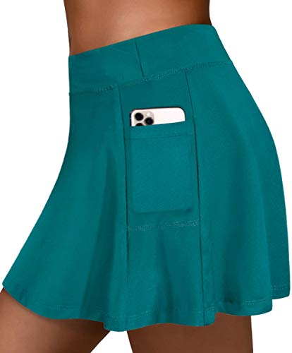 Fulbelle Mini Skirts for Women, Juniors Athletic Tennis Golf Skirt Skorts Summer Casual Cute Mini Skort Elastic Waist Front Pockets Tummy Control 2 in 1 Lounge Shorts Dark Cyan Medium