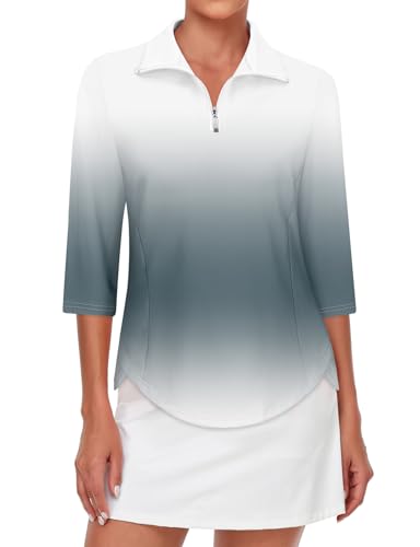 Tanst Sky Women'S 3/4 Sleeve Polo Shirts, Golf Top For Women Zip Up Collared Curved Hem Upf 50 Apparel Workout Tennis Running Ladies Moisture Wicking Athletic Clothes White-Grey Ombre Large