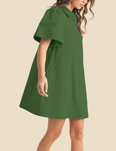 Image of Womens Short Sleeve Button Down Mini Shirt Dress Lapel Collar Short Dresses with Pocket
